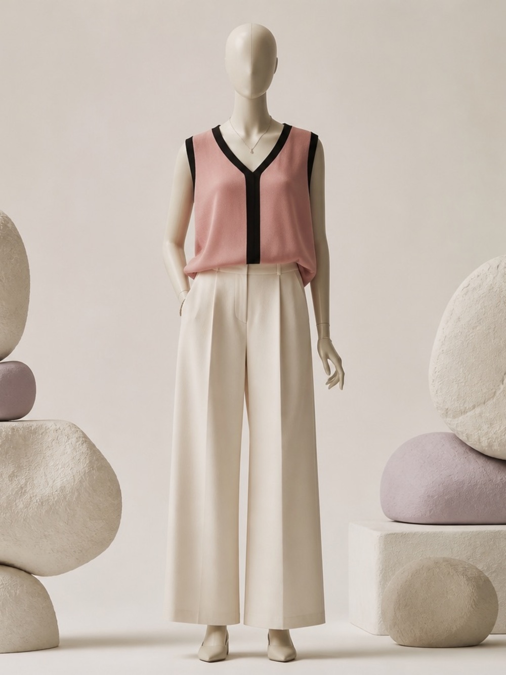 V-Neck Contrast-Trim Tank Top in Pink and Black